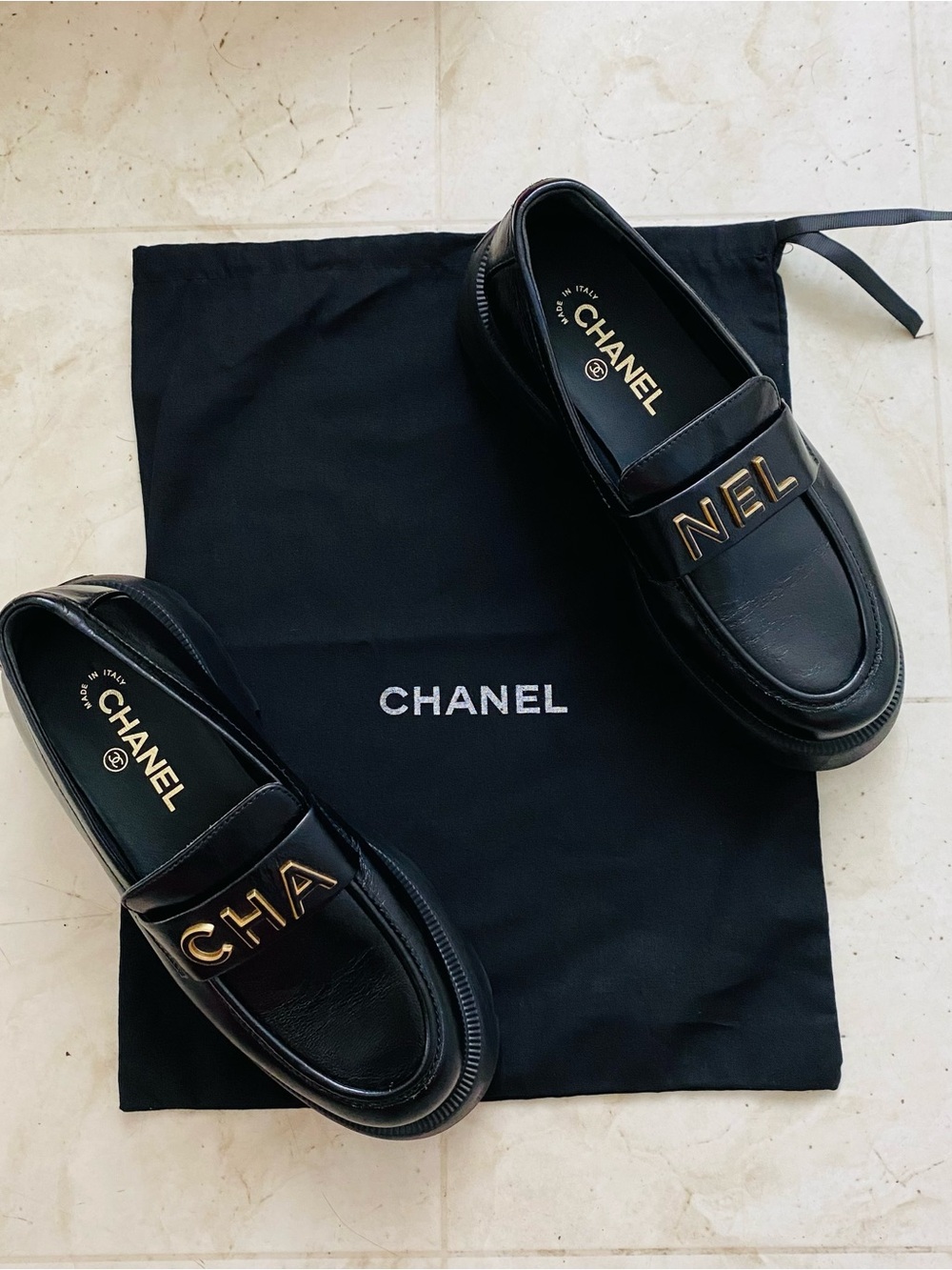 Chanel Made in Italy Black Leather Logo Lug Chunky Sole Platform Loafers Size 8